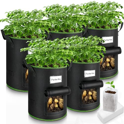 Enbagold Lot de 5 sacs de plantation pour pommes de terre, 30 l, en tissu non tissé, avec poignées et fenêtre de visualisation, pour pommes de terre, tomates, fraises, avec 60 petits sacs de