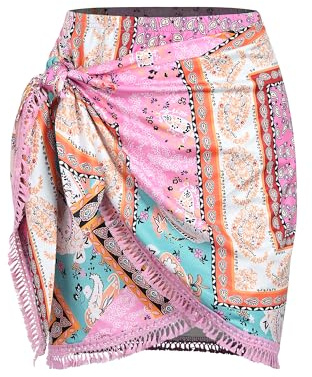 ZAFUL Slit Skirt for Women Ethnic Paisley Printed Tie Side Sarong-Style Bodycon Mini Short Skirt for Beach Night Out Party(Boho-Pink,XL)