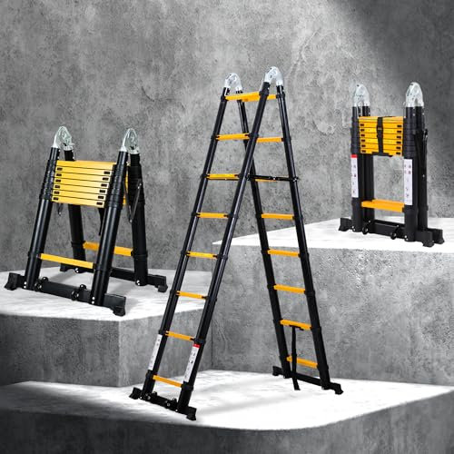 Yakimz Escalera telescópica de 5 m, escalera plegable con ruedas desmontables, marco en A, escalera extensible de 2,5 m + 2,5 m, escalera multiusos telescópica, 150 kg de capacidad de carga, color