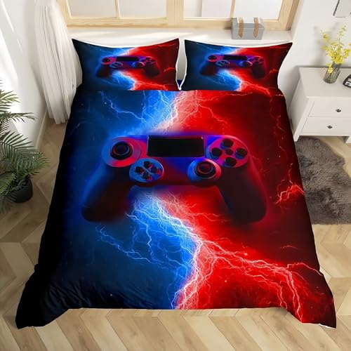 Tabeskly Boy Red Blue Gaming Bedding Duvet Cover Set Single, Kids Gamepad Gamer Soft Zipper Childrens Full Bed 3 Piece Quilt Covers and Pillowcases 135×200cm