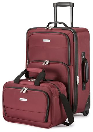 Amazon Basics 2-Teiliges Weichschalen-Koffer-Set, Erweiterbares Handgepäck (58 cm) und Tragetasche (25 cm), Leicht, 100% Polyester, Stapelbares Set, Rot