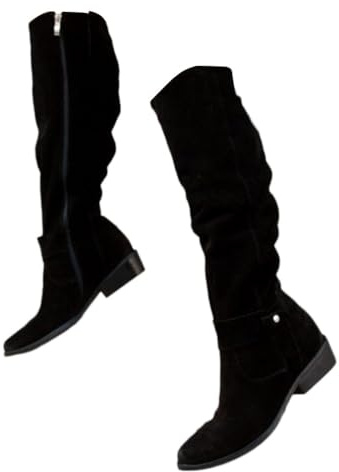 shownicer Stiefel Damen Bequeme Wildleder Elegant Absatz Westernstiefel Runde Zehen Hohe Einfarbige Langschaft Boots Damenstiefel A Schwarz 42