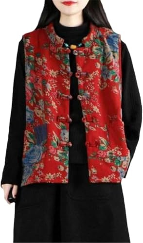 ThiCc - Veste rembourrée de style chinois pour femmes - Gilet sans manches matelassé à fleurs vintage avec nœud traditionnel brodé, haut oriental rétro, style bohème, ethnique, Hanfu, S1., 5XL