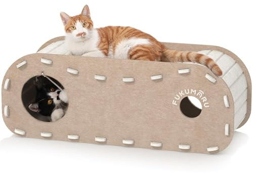 FUKUMARU Cat Beds for Indoor Pets, 31.5 Inches Extra-Large Cat Cave for Multi-Pet, Cozy House with Fluffy Ball Hanging, Scratch Resistant Felt Kitten Hideaway Bed, Feline Tunnel, Beige