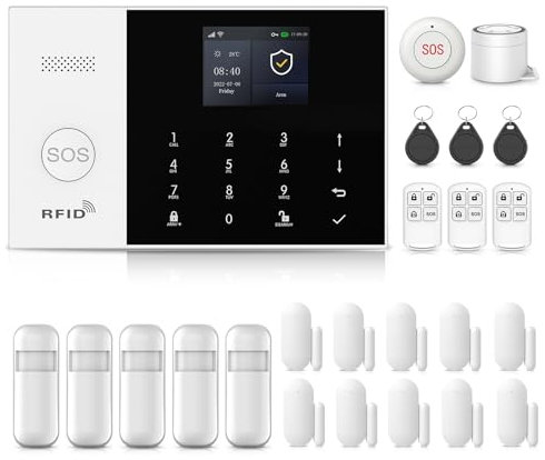 XNH Allarme Casa Senza Fili GSM, 24pcs Allarme casa WiFi, Sistema di Allarme con APP, Sirena 120DB, Sensore per Porte e Finestre, Rilevatore di Movimento, Telecomando, Compatibile con Alexa