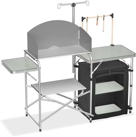 PEILU Campingschränke Outdoor Faltbare Campingküche aus Aluminiumgestell, Waschbare Oxford-Stoff & MDF Platten & 4 Haken Mobile Zeltschrank Küchenbox mit Tragtasche für Reise Strand Camping