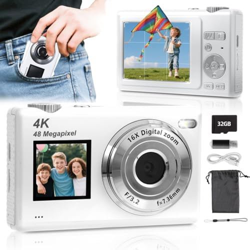ARNSSIEN Appareil Photo Numérique avecà Double écran,Autofocus 4K 48MP pour Vidéos de Blog,Carte de 32GB, Appareil Photo Compacts,Zoom 16X, Anti-Vibrations, pour Enfants/Ados/Débutants,Y5