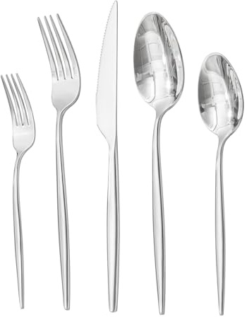 HIKAA Besteck Set 12 Personen, 60-Teiliges Edelstahl Besteckset aus hochwertigem 18/10, Essbesteck mit Gabeln, Messern und Löffeln, Cutlery Set für Restaurant, Hochzeit, spülmaschinenfest(Silber)