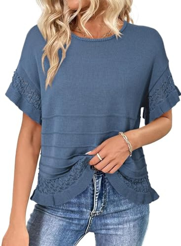 Dokotoo Womens Tops Cute Summer Casual Sweaters for Women Fashion Knit Short Sleeve Top Oversized Solid Color Crewneck Pullover Sweater Ruffled Hem Peplum Loose Fit Blouses Shirt 2026 Blue Medium