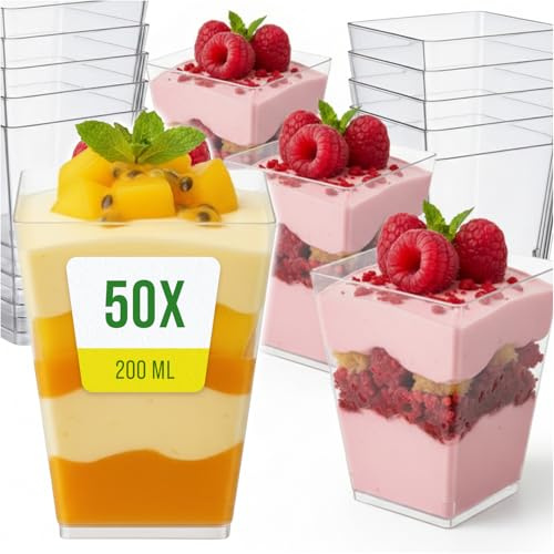 Home Markt24 dessertmuggar 200 ml set om 50 – återanvändbara transparenta plastmuggar för mousse, pudding, tiramisu, fruktsallad – fyrkantiga dessertglas för fest, bröllop, catering