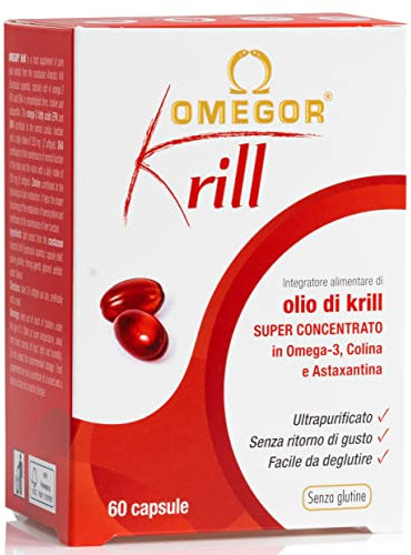 Omegor Krill - Complément alimentaire avec phospholipides, choline, Oméga-3 et astaxanthine à haute biodisponibilité - 260 mg d'EPA et DHA - Sans arrière-goût - Facile à avaler - 60 capsules