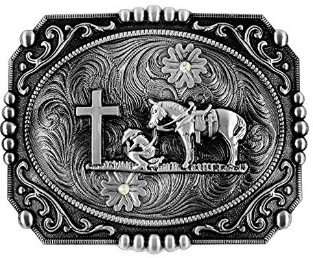 Moranse Religion Cross Cowboy And Horse Design Belt Buckles (Square Silver)