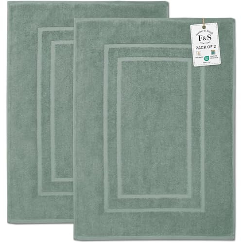 Feather & Stitch 2 Piece Towel Like Bath Mats (30x21 Inch) 100% Cotton Terry Bath Mats, Bathroom Shower Floor Mats [NOT A Bathroom Rug], Soft Absorbent Washable Mats (Granite Green)