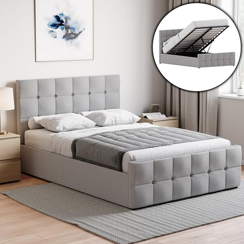Vida Designs Valentina Double Ottoman Storage Bed Frame – Light Grey Linen – Lift-Up Storage Design – 106H x 147W x 207D cm – Gas Lift Mechanism – UKFR Certified