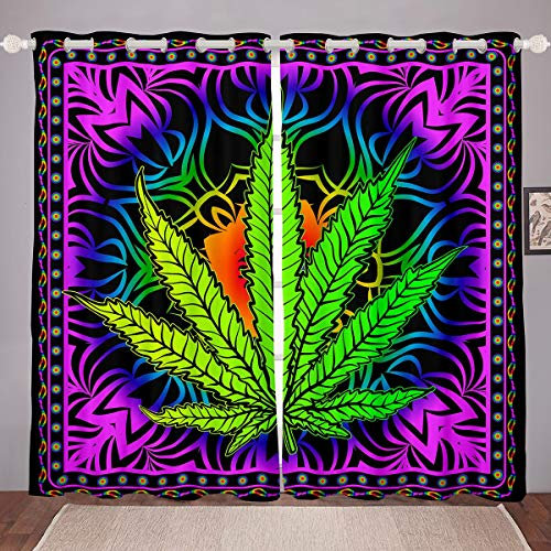 Cortinas de Hoja de Marihuana, Hojas de Cannabis, Cortinas para Ventana de malezas,niños, Morado, Azul, Bohemio,de Ventana, tratamientos de Ventana de cáñamo botánico, W46 x L72