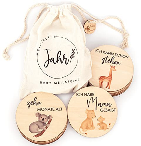 Holz Meilensteinkarten Baby mit farbigen Tierchen bedruckt - 30 Meilensteine auf edlen Holzscheiben als Geschenk zur Geburt/zur Babyparty für Schwangere, werdende Mütter, werdende Eltern.