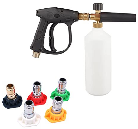 ZONADAH Kit de pistola de espuma M22 de 1 litro, pistola de espuma de nieve de alta presión, pistola de lavado de coche ajustable, liberación rápida, 3000 PSI, con 5 puntas de boquilla