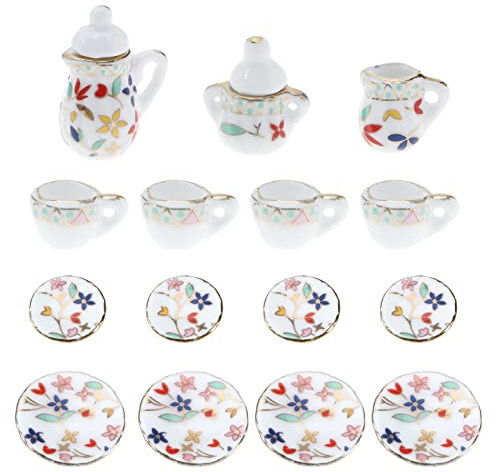 eMagTech 15Pcs 1:12 Mini Porcelain Flower Tea Cup Set Miniature Simulation Furniture Set Mini Flower Pattern Teapot Cup Plates Set Accessories for Doll House Decor
