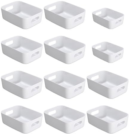 Nuangoo Panier de rangement en plastique,Lot de 12 paniers de rangement empilables avec poignées pour Cuisine,Placard,Bureau (Blanc)
