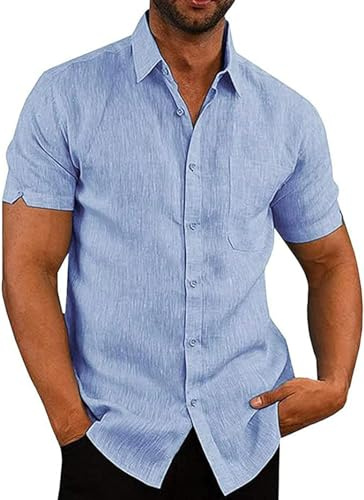 Friptspyg Hombre Camisa de Algodón y Lino para Manga Corta Ajuste Regular Casual de Playa con Bolsillo Camisa de Verano, Azul Cielo L
