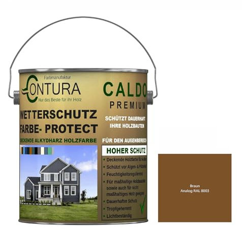 Contura Wetterschutzfarbe 500ml. Holz Dauerschutzfarbe Deckend Buntlack Holzfarbe Holzlasur Seidenmatt (Braun - RAL 8003 Analog)