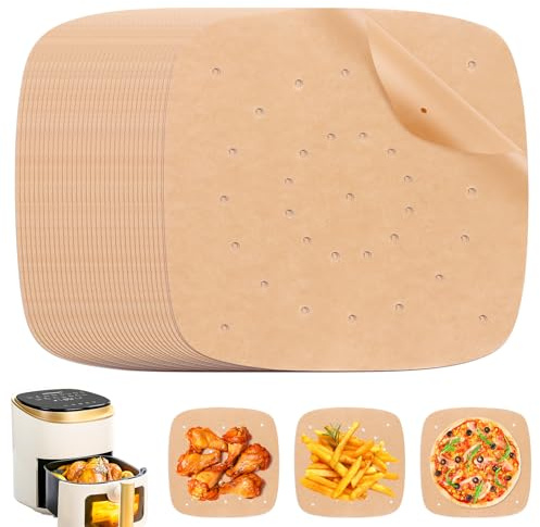 Airfryer Bakplåtspapper – 200 stycken, perforerat non-stick papper för varmluftsfritös, 21,5 cm kvadratisk