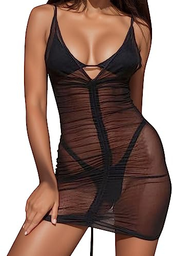Robe Transparente Sexy Femme érotique Club libertin Moulante Courte Dos Nu Bretelles Décolleté col V Cache Maillot de Bain Plage Nuisette Lingerie (Black, S)