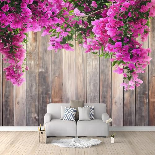 Fototapete 3D Effekt Lila Blumen Auf Holzbrett 400x280 cm Vliestapete Wohnzimmer Schlafzimmer Vlies Tapete Art Wandtapete UV-Beständig Wanddekoration Tapete
