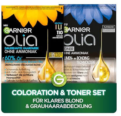 Garnier Blondierungs-Set: Olia 110 Kühles Aschblond Dauerhafte Haarfarbe + Olia Toner 10.01 Platinblond | Ohne Ammoniak | Mit Natürlichen Ölen | Für Klares Blond & Grauhaarabdeckung