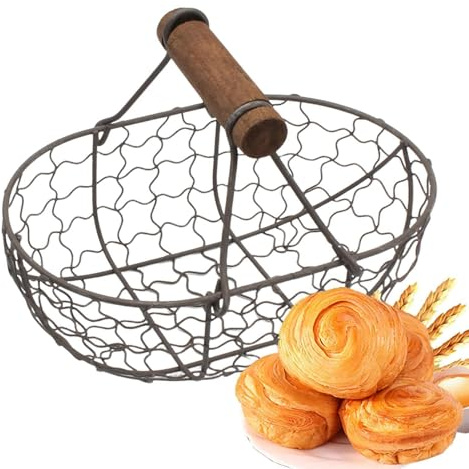 Cesta para huevos de alambre con mango de madera, cesta de metal para huevos, cesta para aperitivos, cesta de alambre, cesta de hierro, cesta de almacenamiento decorativa para cocina, pícnic, exterior