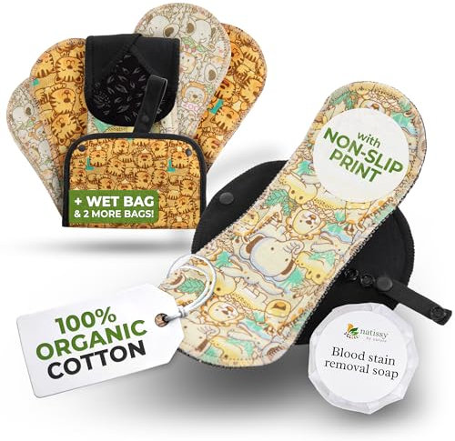 Stoffbinden waschbar mit rutschfestem Druck für Mädchen (S+M, 6er-Pack); kleine, dünne, wiederverwendbare Binden aus Bio-Baumwolle; Mehrweg-Binden waschbar bei hoher T° für eine bequeme erste Periode