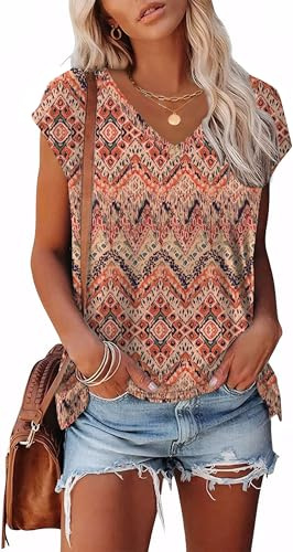 Aokosor Ladies Summer Tops for Women UK Womens T Shirts V Neck Tshirts Short Sleeve Tee Ladies Boho Tops Size 10-12 As Shown1