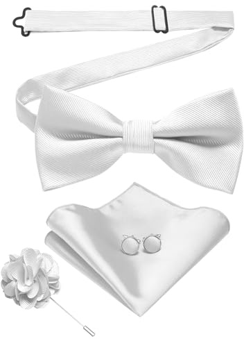 JEMYGINS Herrfluga av twill i uni med ficka fyrkantiga manschettknappar och blommor arrangemang presentset för fester affärer och bröllop, Vit, M