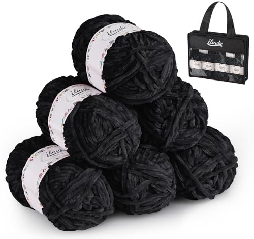 ilauke Chenille Yarn 6x50 g, Soft Chenille Chunky Wool, Crochet Yarn for Knitting with Handbag for Clothes Blankets Bags DIY, Black