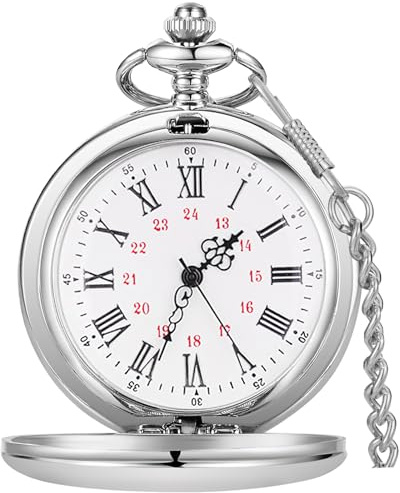 Tiong Orologio da tasca vintage in acciaio liscio, numeri romani, design stellato, orologio da tasca al quarzo, con catena, per uomo e donna, 54-argento, Classico