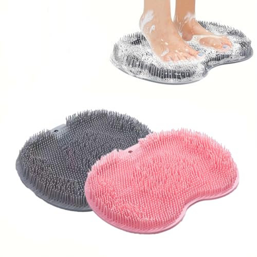 2 pièces Laveur de Pieds de Douche, Tapis de Douche, Dos Nettoie, Brosse Pieds Douche avec Antidérapant Ventouses pour Soins Pieds, Brosse de Massage, Massage Pied (21.5 * 28cm, Rose, Gris)
