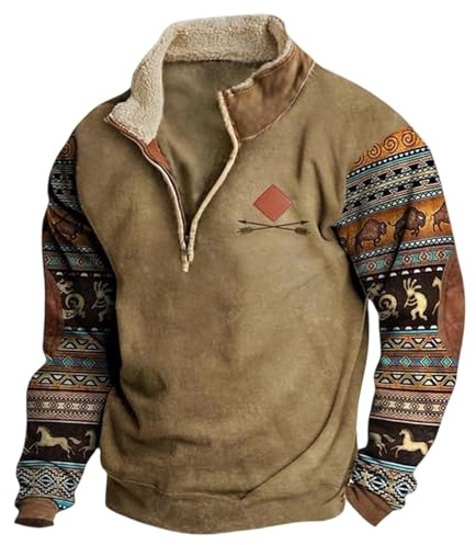 Genérico Sudadera para Hombre Cálido Sudadera sin Capucha para Hombre Patchwork Retro Estampado Suéter con Media Cremallera con Cuello Alto Suéter Vintage Tribal Primitivo Chaqueta de Felpa