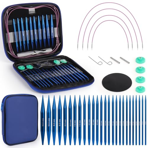 Coopay Juego de Agujas Circulares Intercambiables, Agujas Circulare 3,0 a 10,0 mm, 40 cm/60 cm/80 cm/100 cm, Aguja de Tejer Intercambiables con bolsa de Almacenamiento, Aguja Circulares - Azul