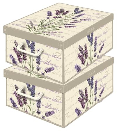 Set de 2 Cajas de Armario con Tapa Perfumada a Lavanda – Organizadores de Cambio de Temporada en Cartón 32×42×17,5 cm – Made in Italy, Resistentes, Fáciles de Montar, con Asas