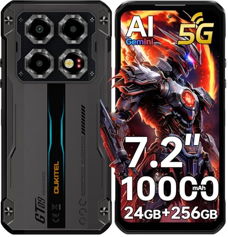 OUKITEL WP60 5G Telephone Portable Incassable, Écran 7.2HD+/120Hz, 10000mAh/33W, 24 GO (8+16)+256 GO/2TO Smartphone Incassable Android 15, 108MP Caméra, Telephone de Chantier 5G Dual SIM/GPS/NFC-Noir