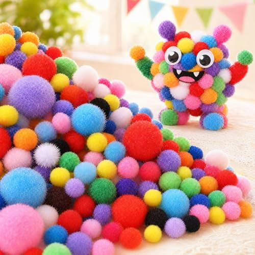 1000Pcs Pompoms for Crafts - 1-3 cm Small & Large Pom Poms for Crafts | High-Density Shape-Retention Fuzzy Balls for DIY Color Sorting, Multicolour Pompons for Party Christmas Decorations