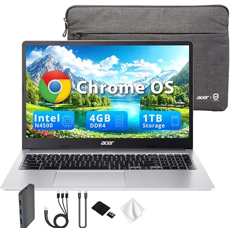 Acer Chromebook 315 15.6 FHD Laptop, 4GB LPDDR4 RAM, 1TB Storage(64GB eMMC & 1TB Docking Station Set), Intel Celeron N4500, Intel UHD Graphics, Numeric Keypad, HD Webcam, Silver, Chrome OS