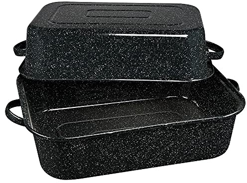 Granite Ware 19-Inch Covered Rectangular Roaster - Enamel Steel Cookware, Nonstick & Chemical-Free, Dishwasher Safe - 25 Lb Capacity, Large Roasting Pan for Meats, Poultry, Vegetables (Speckled Black)