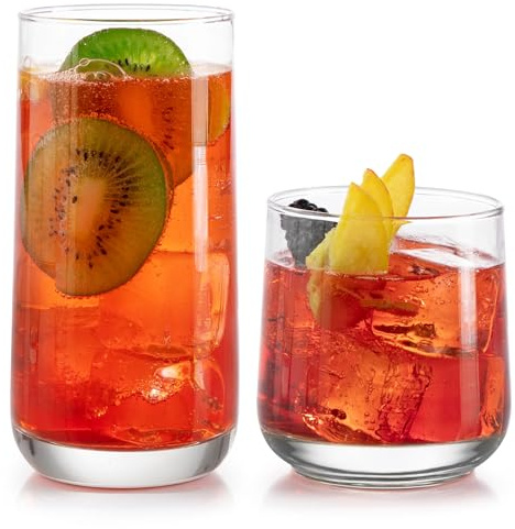 Libbey Ascent Tumbler and Rocks Drinking Glasses Set of 16, Glass Drinking Glasses with Curvature, Versatile Glassware Set for Parties and More