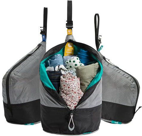 trtl Packing Pods - le cube de rangement à accrocher, à porter et à ranger. Fabriqué à partir de bouteilles en plastique recyclé. (Set de 3 housses : petite, moyenne et grande avec sangle libre)
