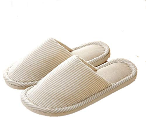 New Striped Linen Comfortable Slippers Women Non-slip Cotton Slippers,Closed Toe Spa Slippers Washable (8-9, Beige)