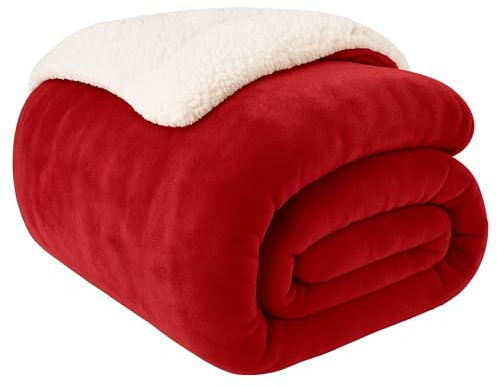 EDS Sherpa Fleece Blanket Throw Dual Sided Plush Fabric Extra Soft Thermal Fluffy Blanket Sherpa Throws for Bed and Sofa Improves Sleep - Red Double 150 X 200