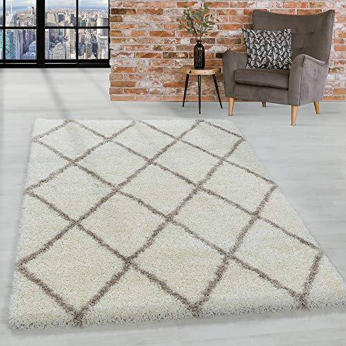 HomebyHome Shaggy Teppich Läufer Flur 60 x 110 cm - Hochflor Teppich Skandi Rauten Creme Extra Weich und Flauschig - Bettvorleger Teppich für Schlafzimmer, Küchenläufer - Waschbarer Küchenläufer