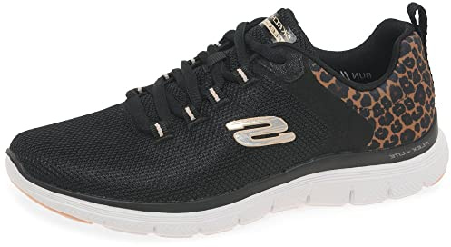 Skechers Baskets BKMT 149586 pour Femme, Bordure léopard en Maille Noire, 38 EU