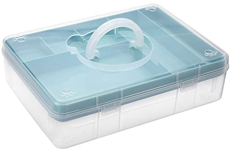BTSKY 2-Tier Cute Bear Storage Box with Removable Divided Tray Portable Clear Plastic Art Craft Supply Organizer Stackable Home Office Supplies Storage Container for Pens Notes A4 papers etc (Blue)